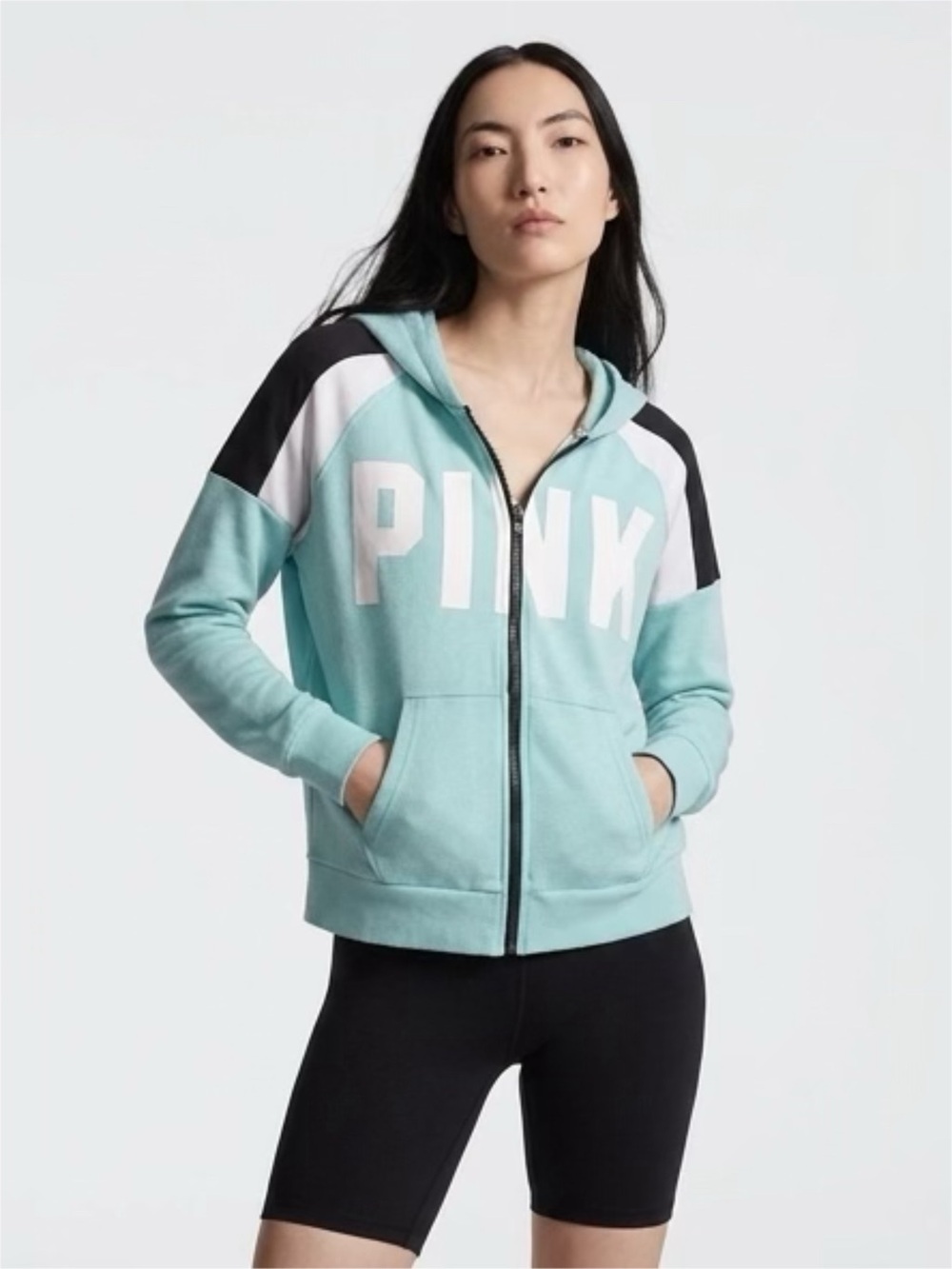 PINK Victoria's Secret Aqua Zip-Up Hoodie with Contrast Panels